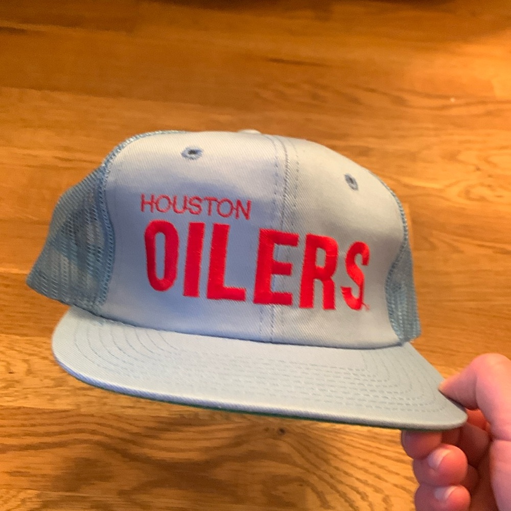 Vintage 90s Houston Oilers NFL SnapBack Trucker Hat Light Blue